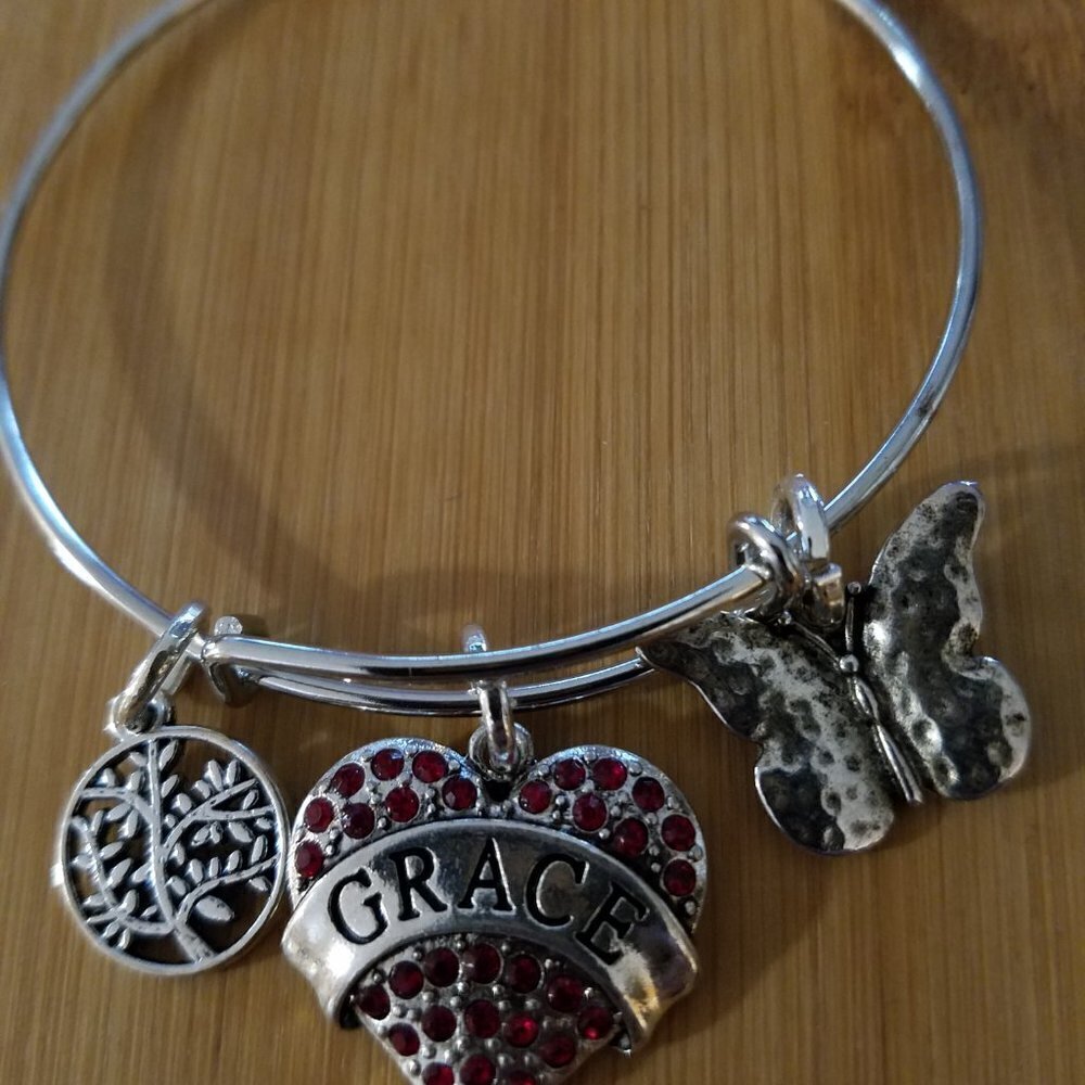 Hand Crafted Charm Bangle -Tree Of Life, Jeweled Engraved Heart, Butterfly.